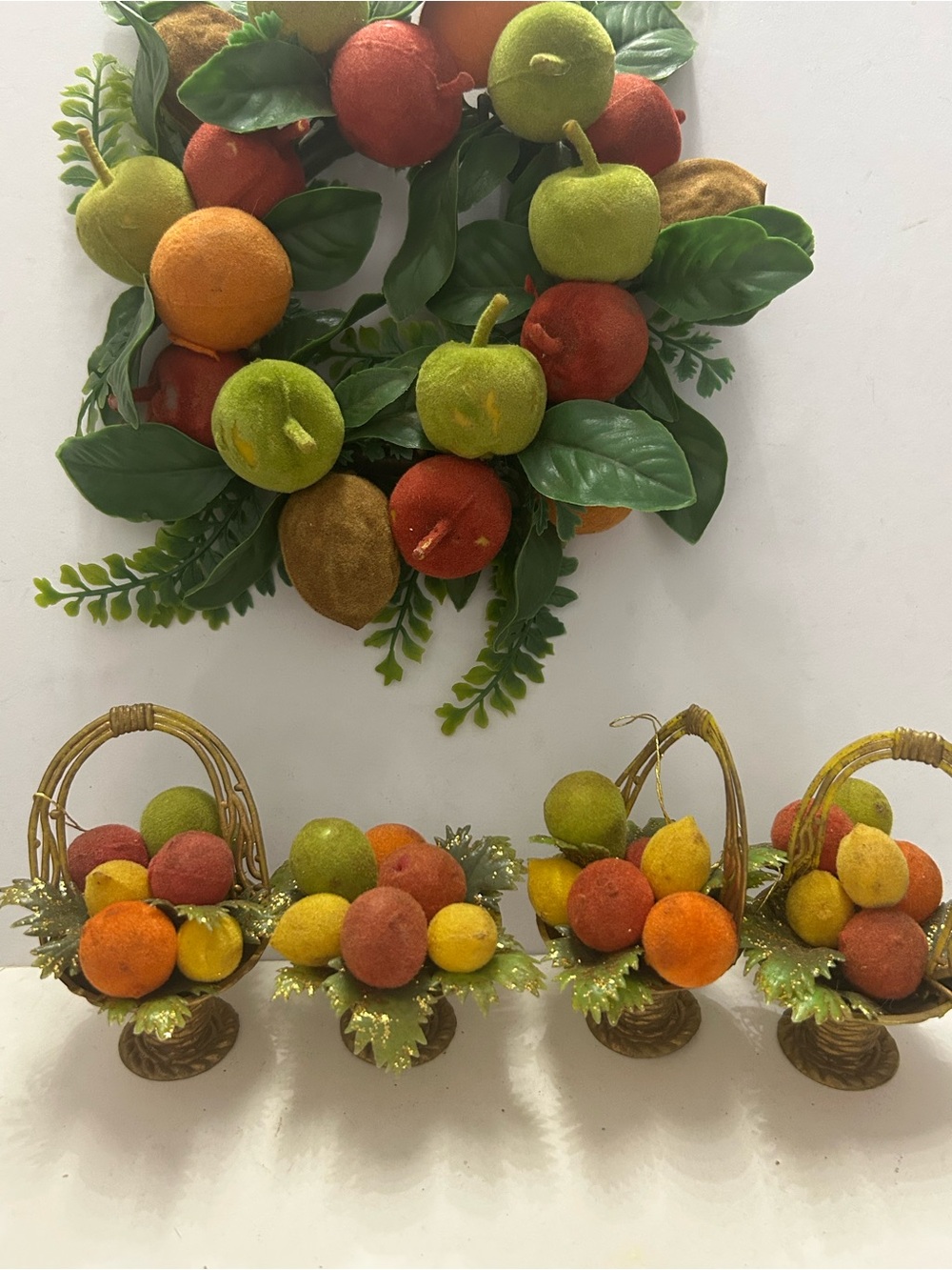 Vintage Doubl-Glo Flocked Fruit Basket Ornaments & Candle Ring Wreath Set
